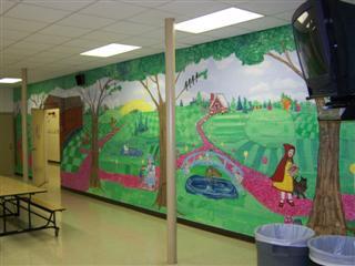 The cafeteria mural illustrates classic stories.