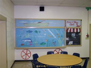 The aquarium mural is fun and educational.